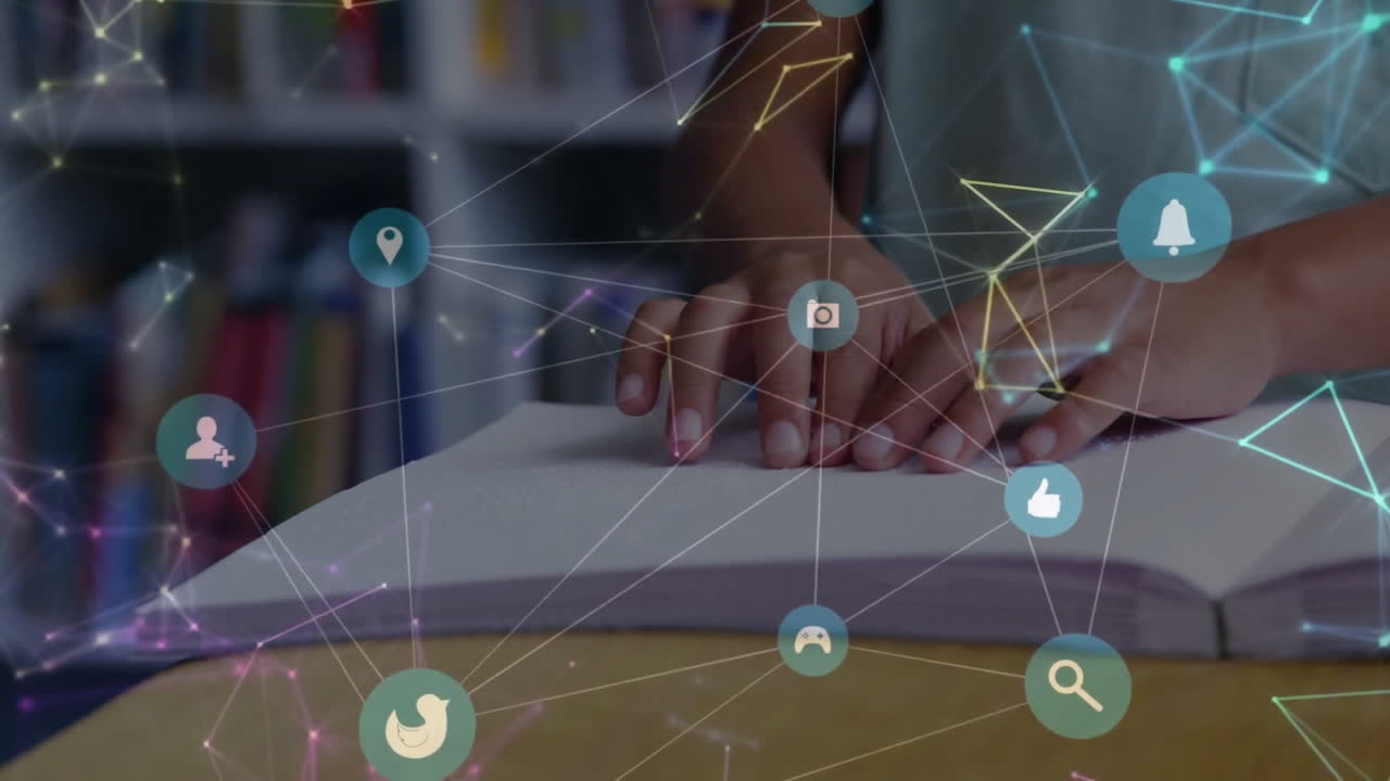 소셜 미디어 아이콘과 네트워크 연결 애니메이션으로 손으로 읽는 책