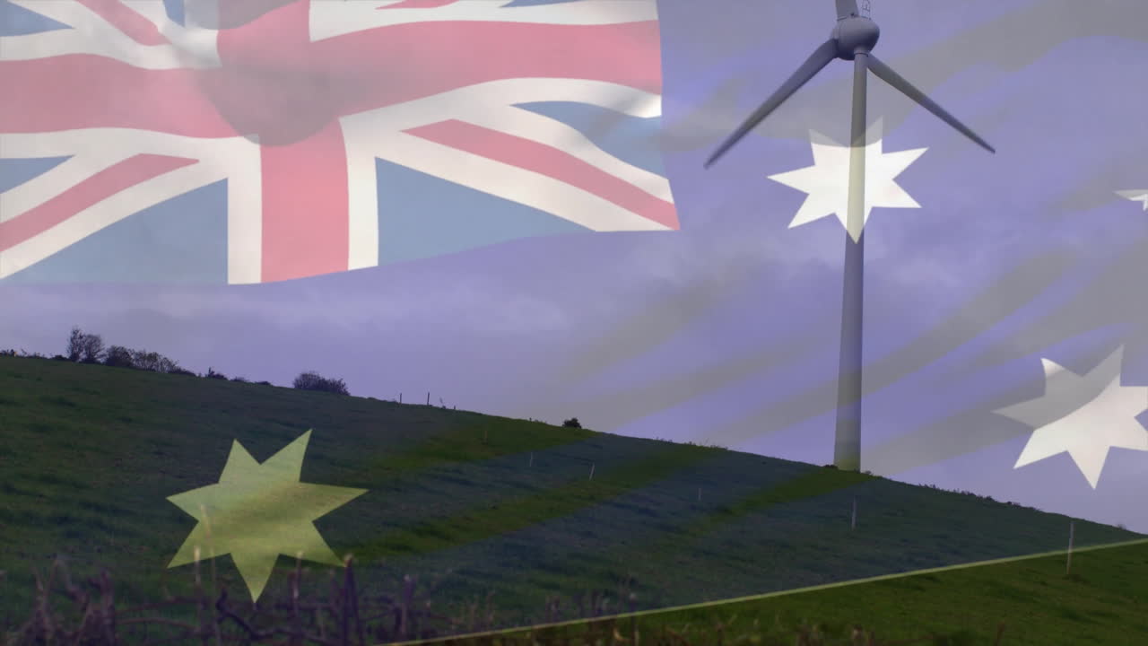 Australian flag overlay on animation of wind turbine on grassy hill with clouds