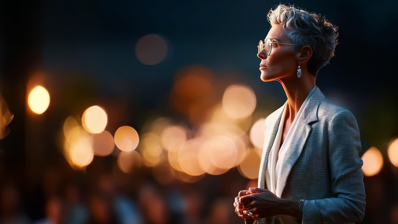 A thoughtful woman gazes into the distance, her stylish outfit and elegant earrings highlighted by the soft glow of ambient light, creating a captivating atmosphere of reflection and beauty