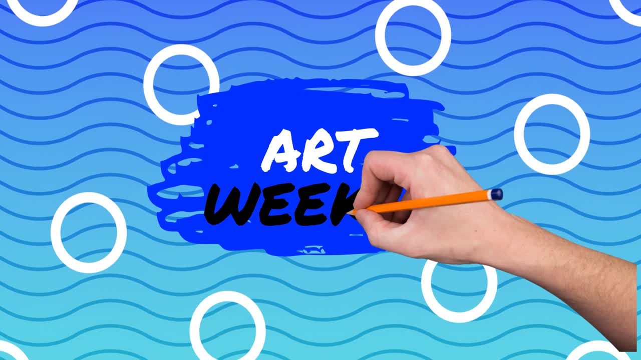 파란색 배경 에 파도 와 원 이 있는 펜 으로 손 으로 글 을 쓰는 예술 주 의 애니메이션