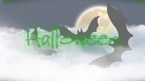 animation of halloween writing and bats over night sky background