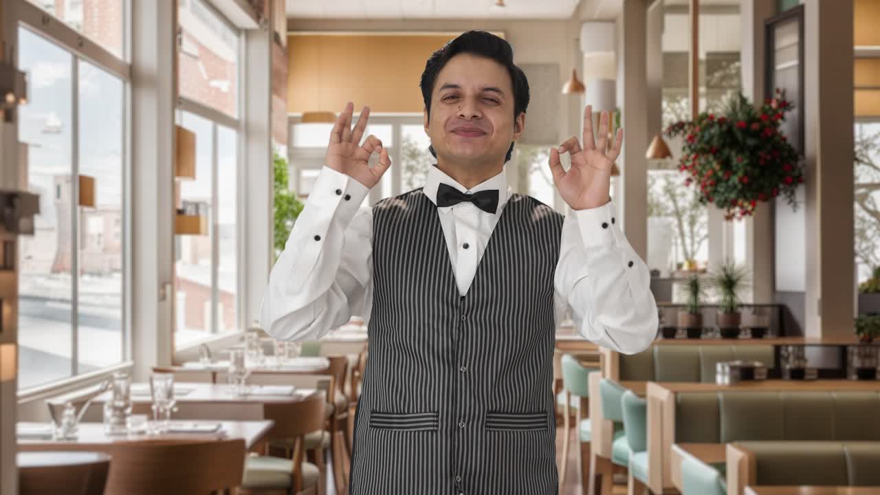 Cameriere indiano felice che fa il gesto dell'ok