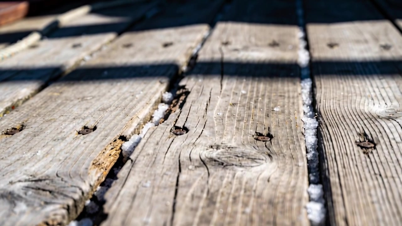 La telecamera si sposta rivelando le assi di un ponte in legno su un portico soleggiato, evidenziando il gelo e la texture del legno.