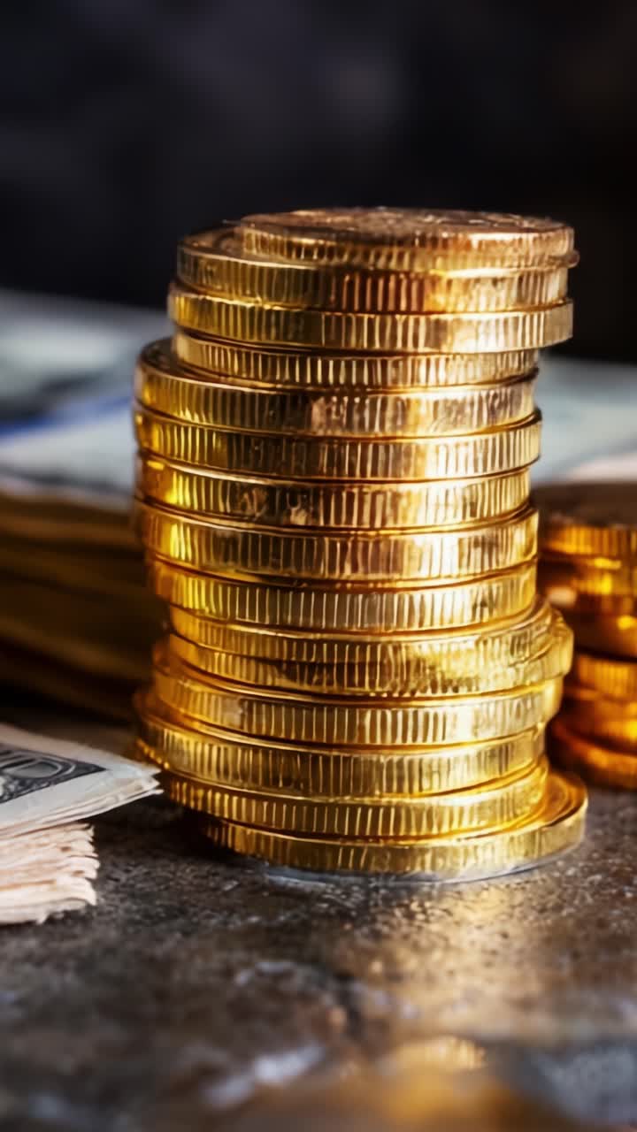 Stacked Gold Coins and Cash on a Textured Surface: A Captivating Close-Up of Wealth Representation with an Emphasis on Financial Prosperity