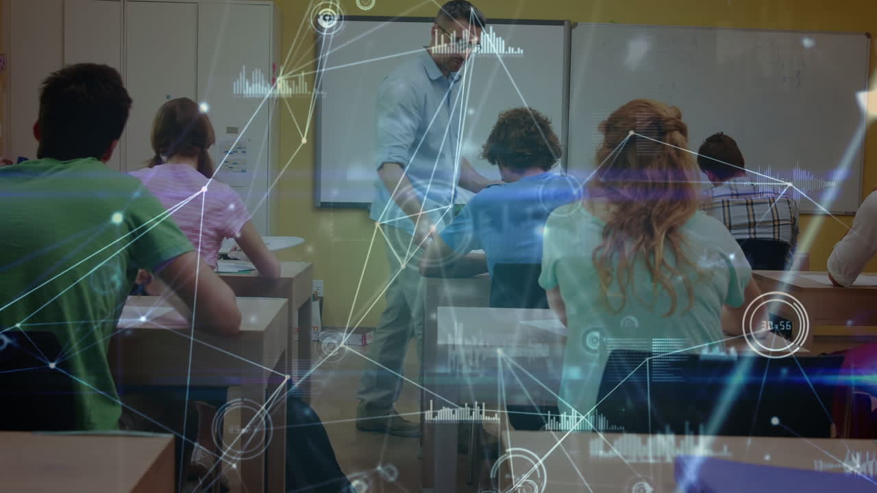 red de conexiones contra el maestro caucásico masculino que enseña a un grupo diverso de estudiantes en la universidad