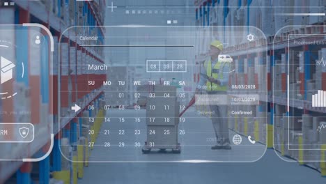 animation of data processing on screens over caucasian man working in warehouse