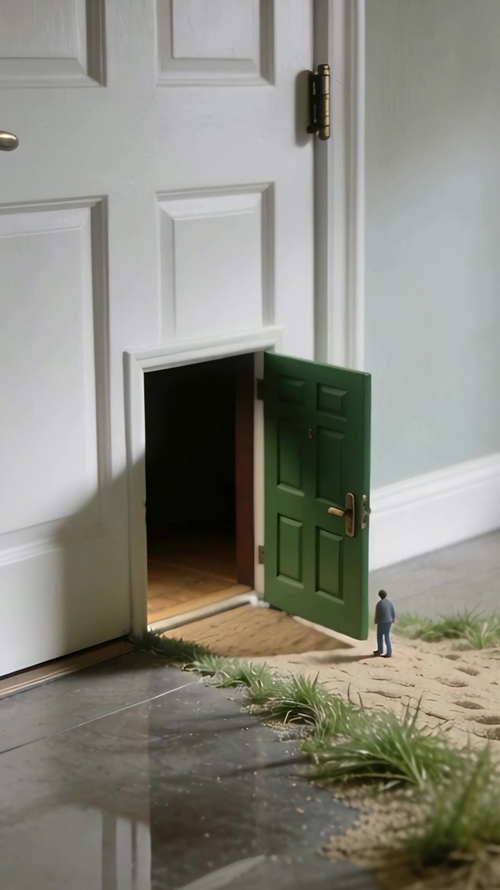 Video verticale: Mini figura in posa in abito grigio che osserva una porta verde aprirsi in casa, spazio per il testo