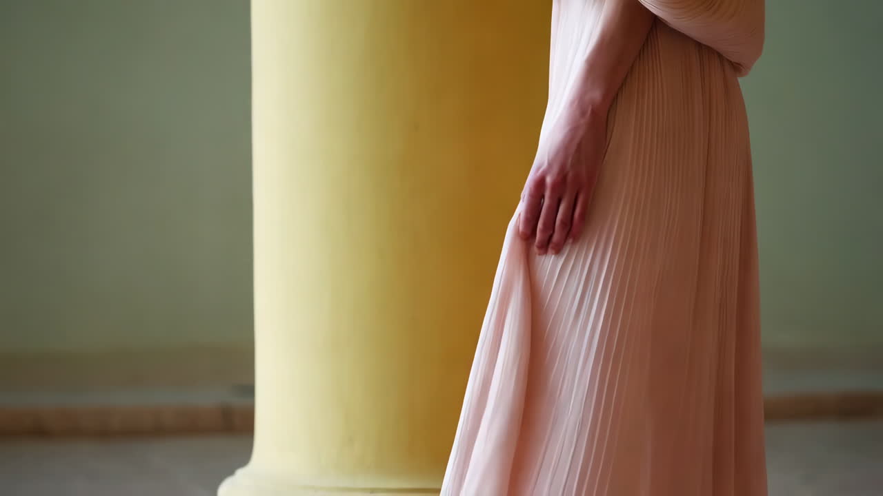 Elegant Figure in Pleated Dress Next to Architectural Column