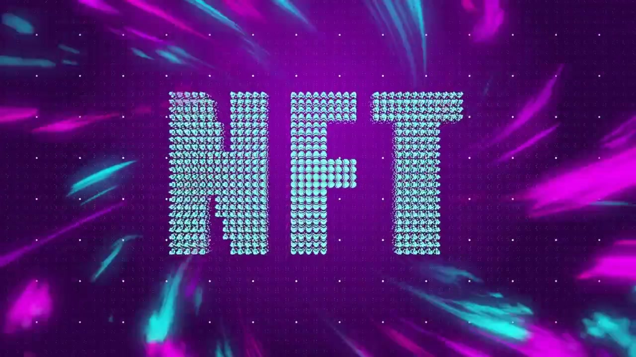 Particles drifting amid magenta teal streaks forming pulsing cyan sphere letters visualizing NFT