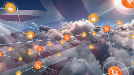 Animation-of-network-of-connections-and-british-flag-over-clouds-in-sky