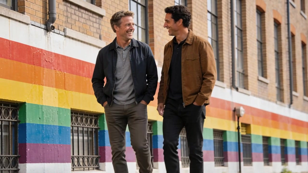 Walking two men sharing arm-around-shoulder and smiling on city sidewalk, with rainbow mural