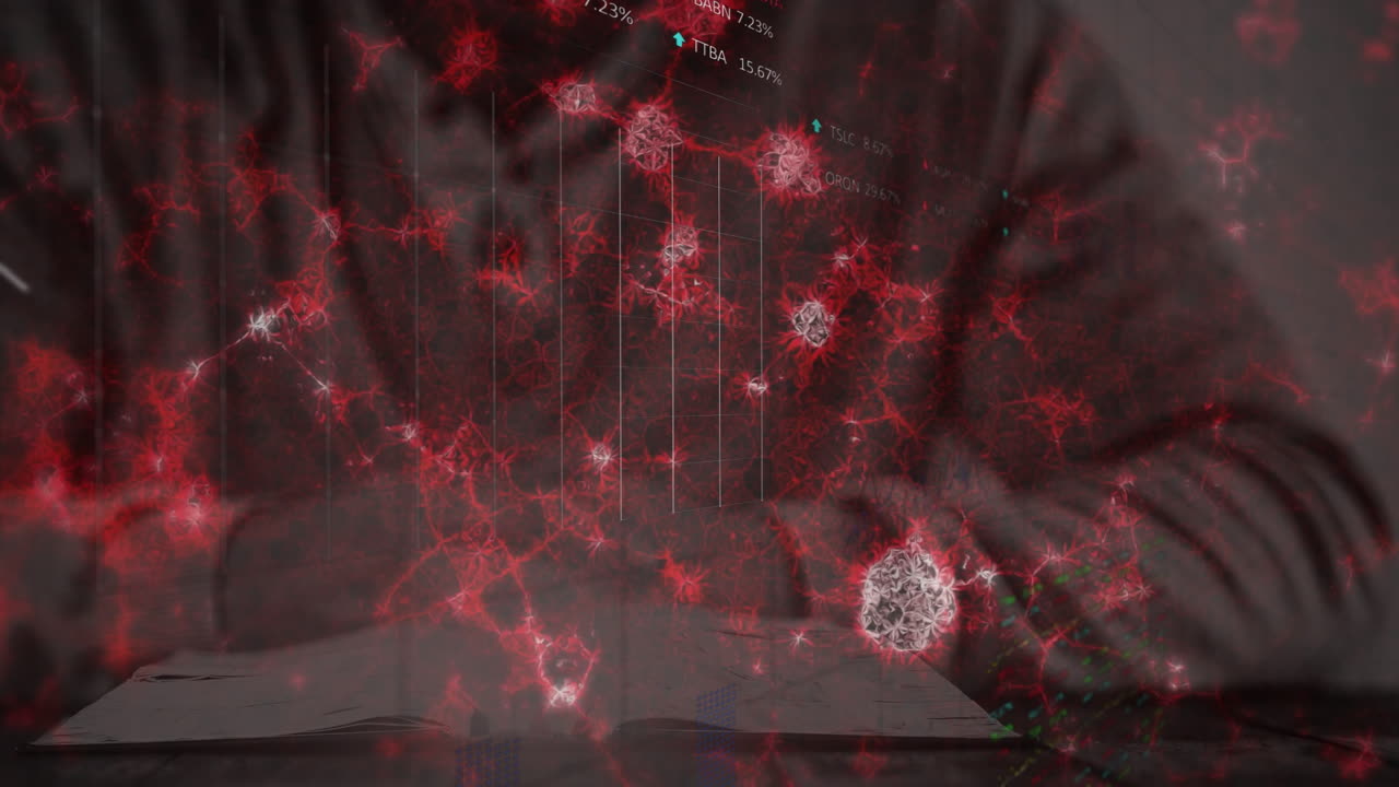 In school, person reading book with animation of red molecular structures and charts