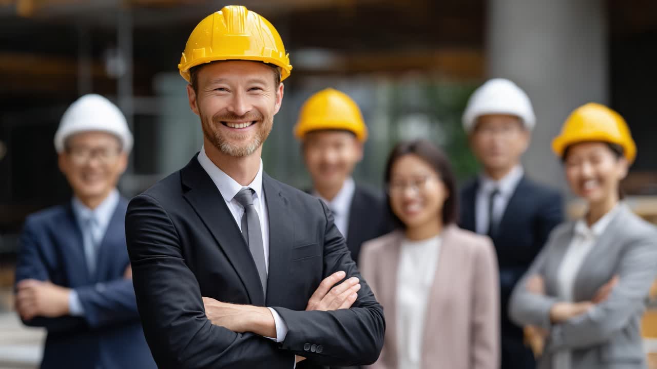 A Team of Construction Professionals in Hard Hats Smiling Together, Representing Success and Collaboration in a Modern Building Project