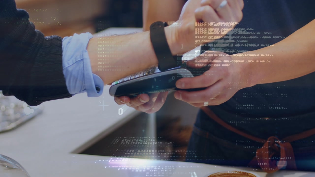 Animation of data processing over hands of caucasian man paying with smartwatch