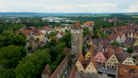4k aerial drone video of the womens, röderturm, hohenner, and sulfer towers on the walled city of rothenburg, germany
