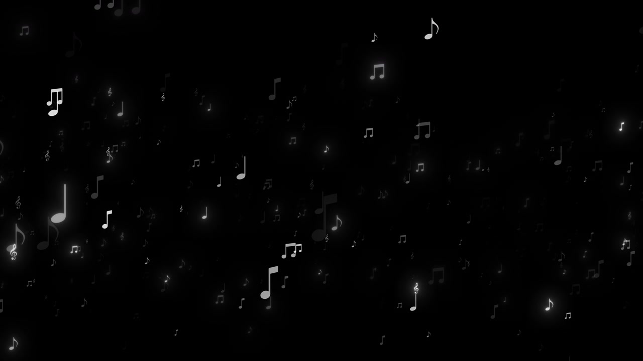 Black music notes background floating white symbols soft glowing highlights elegant dark sound