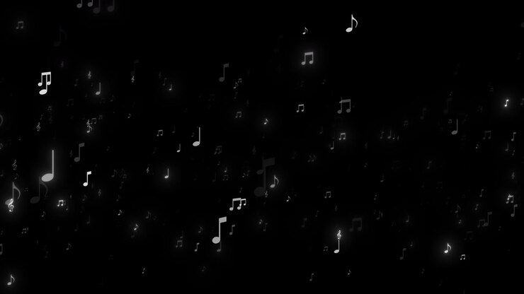 Black music notes background floating white symbols soft glowing highlights elegant dark sound