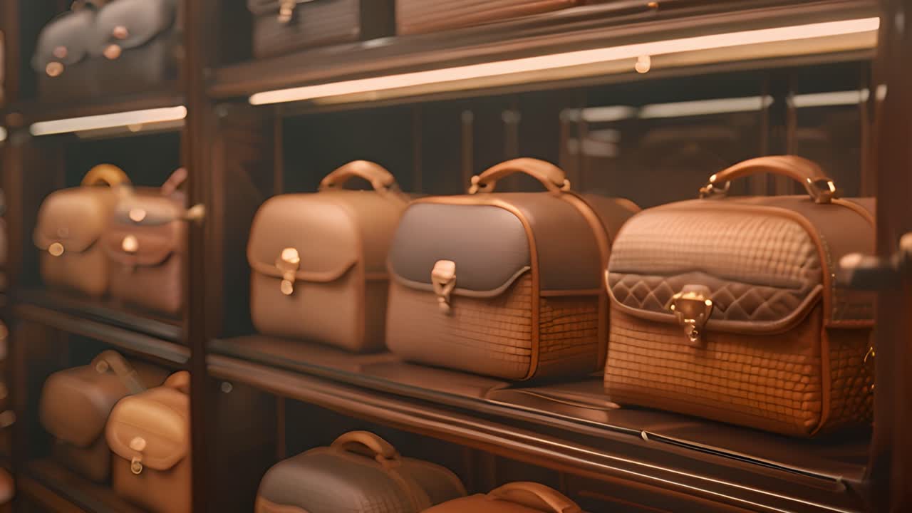 Collection of luxury leather handbags on display shelves