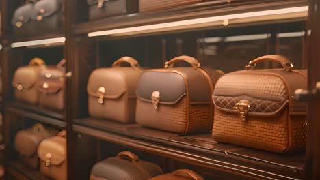 collection of luxury leather handbags on display shelves