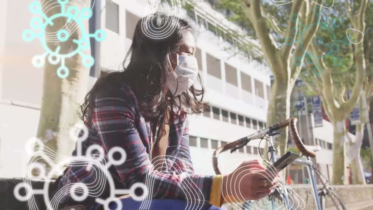 animación de una mujer con una máscara sentada en un banco sobre múltiples bacterias