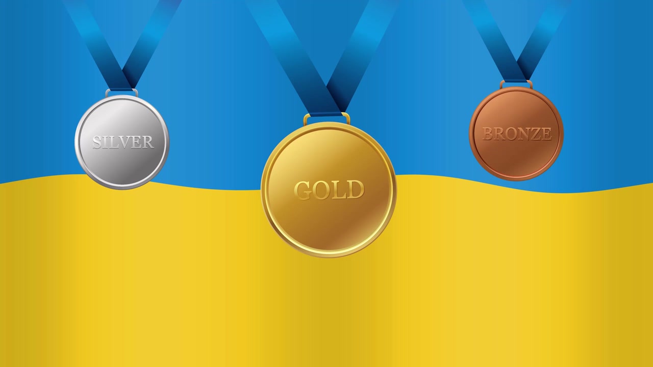 Medallas de oro, plata y bronce caen sobre un fondo de bandera de Ucrania azul y amarilla ondeando.