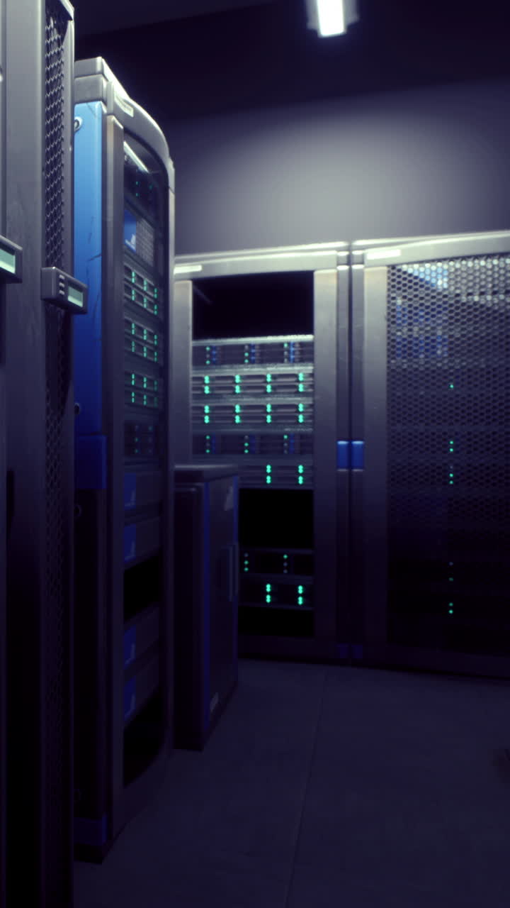 Blinkende lys på serverracks i et mørkt datacenter.