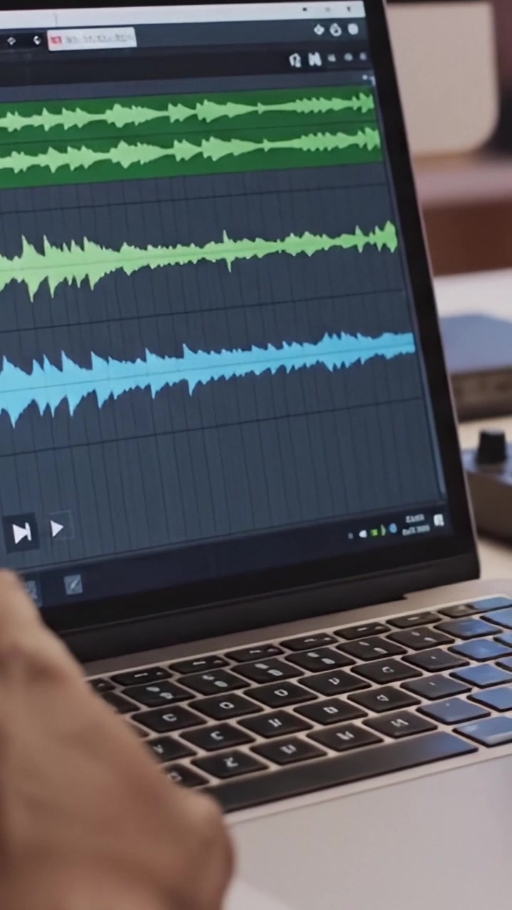 Capturing Creativity: A Close-Up of Digital Audio Editing with Multicolor Waveforms on a Laptop, Showcasing the Art of Sound Manipulation and Music Production
