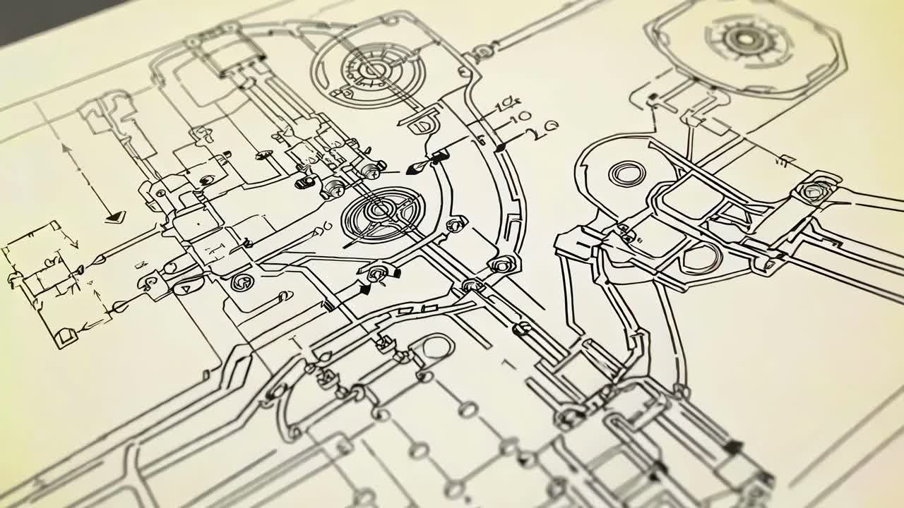 Close-up, top-down view of a technical blueprint with intricate mechanical details