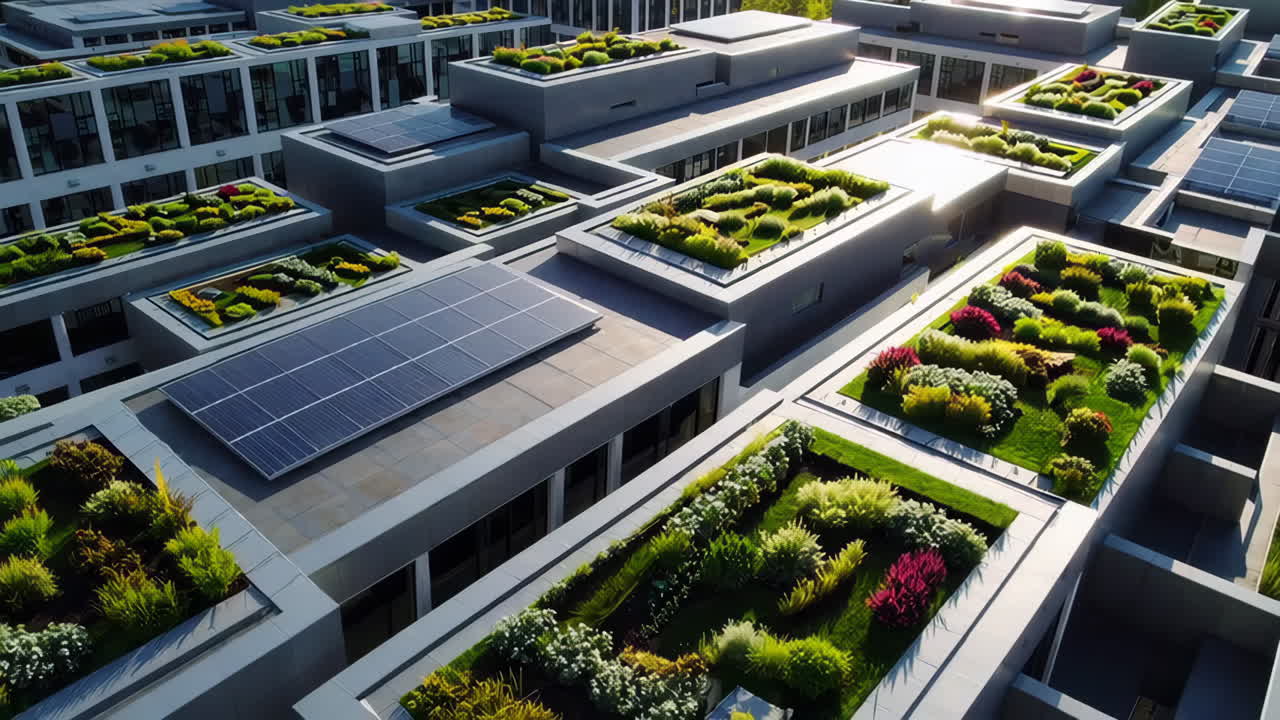 Sustainable Urban Living with Green Roofs and Solar Panels | Premium ...