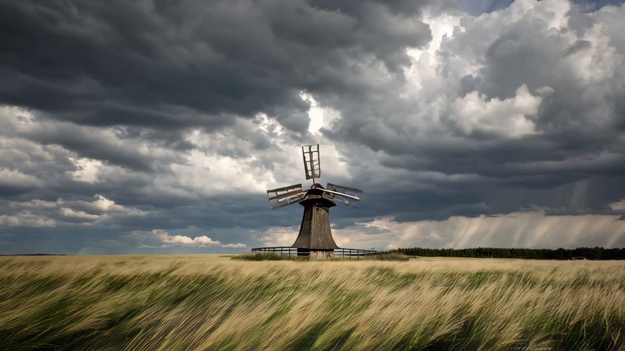 Stormy Weather Over a Historic Windmill in a Wheat Field