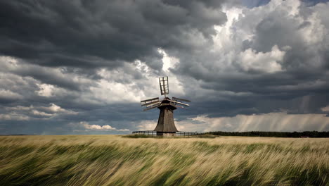 stormy weather over a historic windmill in a wheat field