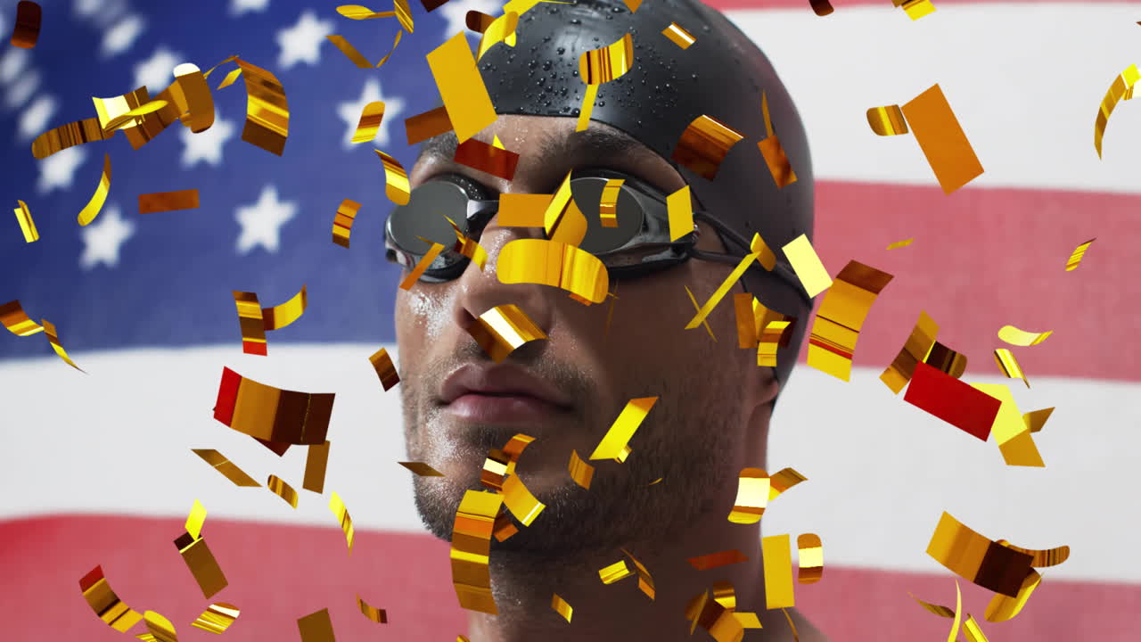 두 인종의 남성 수영 선수와 미국의 발 위에 떨어지는 콘페티의 애니메이션