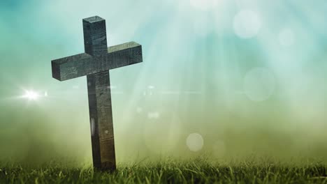 animation of christian cross with multiple glowing points with grass on green background