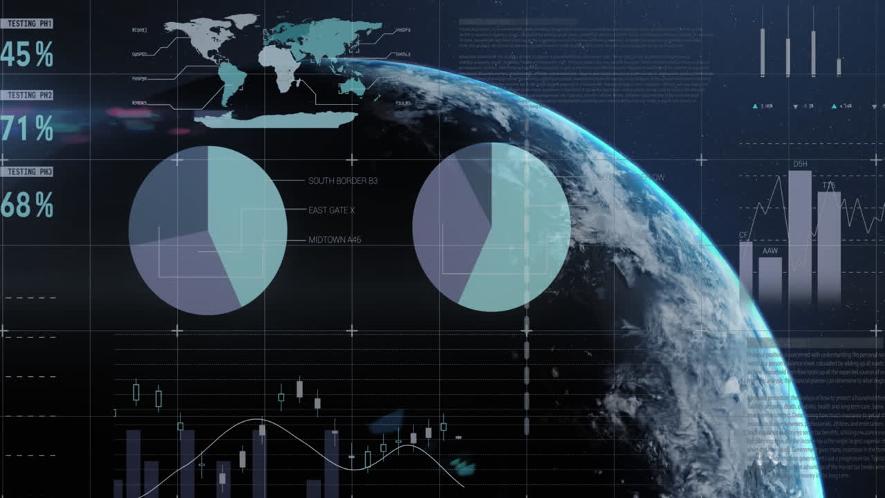 Animation of financial data processing and statistics over globe