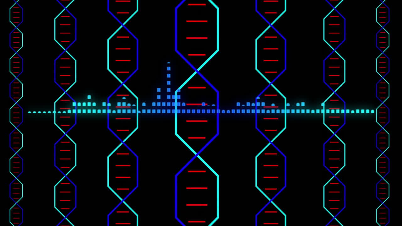 animación de ondas sonoras y hélices de adn ilustrativas contra un fondo negro