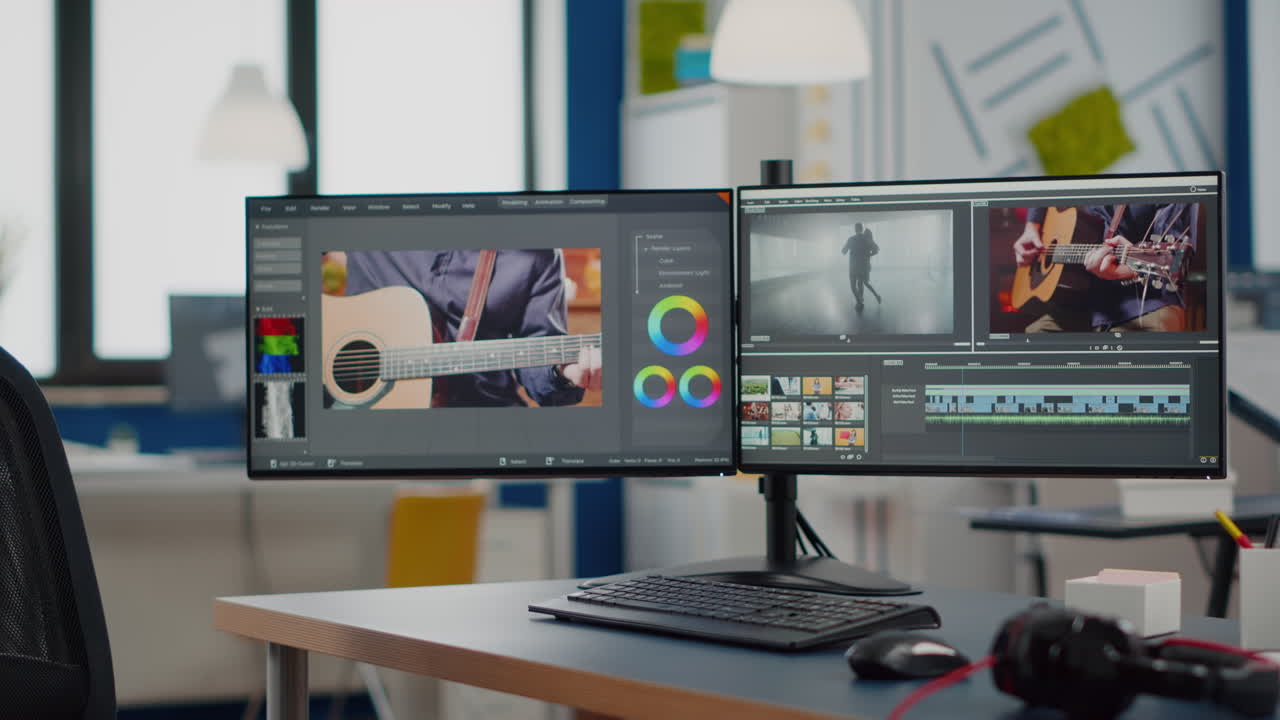 estudio de producción de video sin nadie en él y computadora con dos pantallas