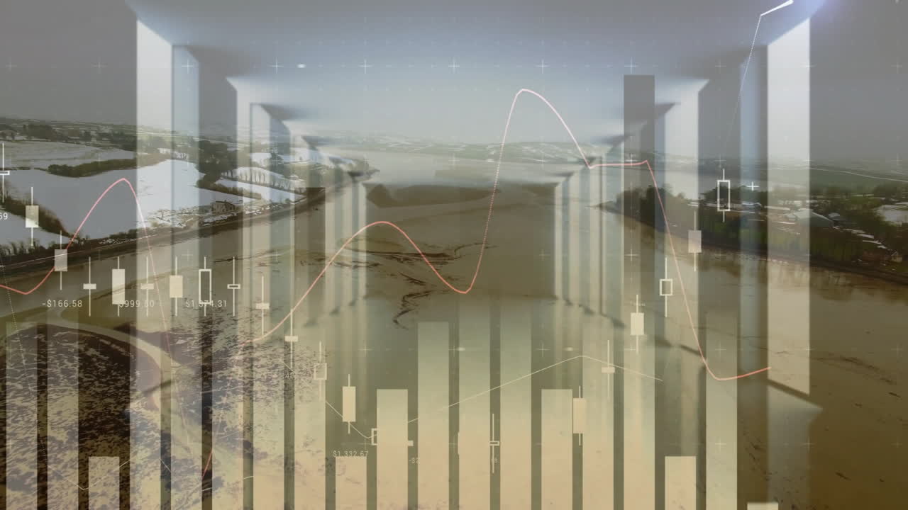Aerial view of river with animation of financial data charts overlaying landscape