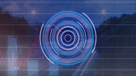 Animation-of-neon-round-scanner-and-statistical-data-processing-against-aerial-view-of-city-traffic