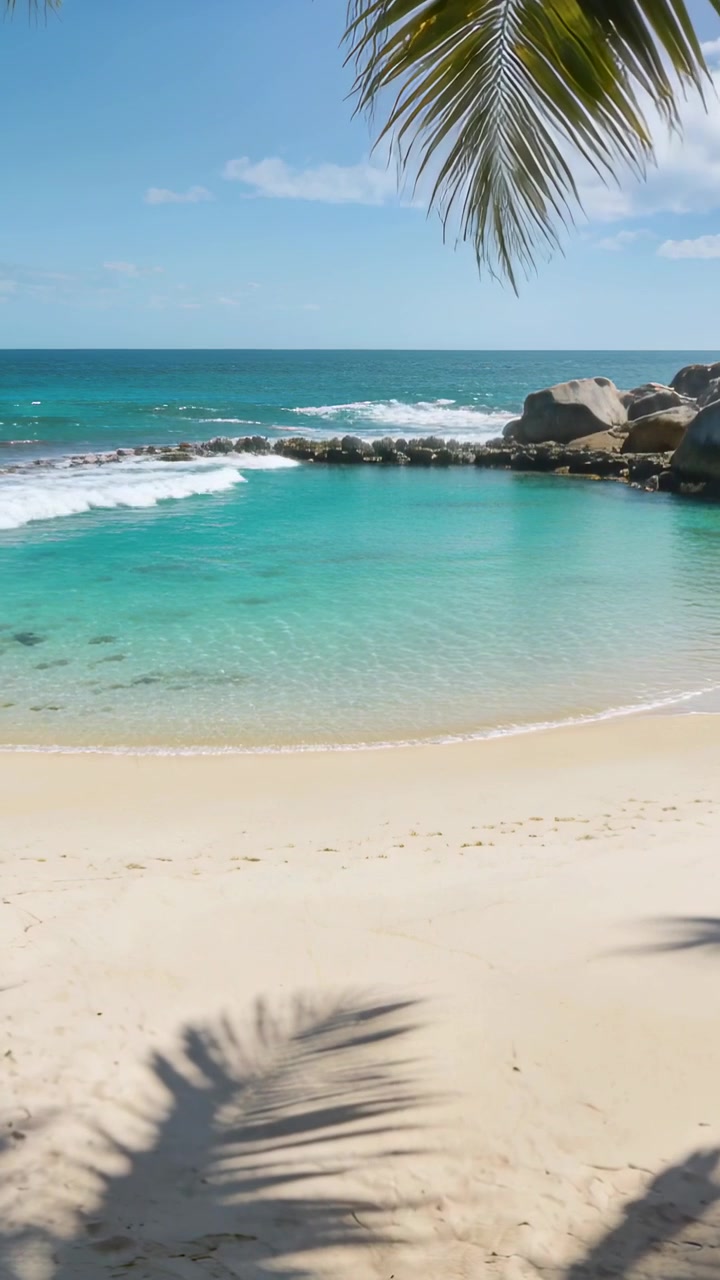Wideo pionowe: Nadciągająca fala tworząca łuk z piany w lagunie na piasku w tropikalnej zatoce, z wystającą skałą.