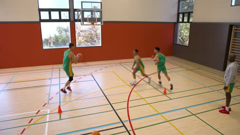 basketball players practicing layups in gym, focusing on teamwork and skills