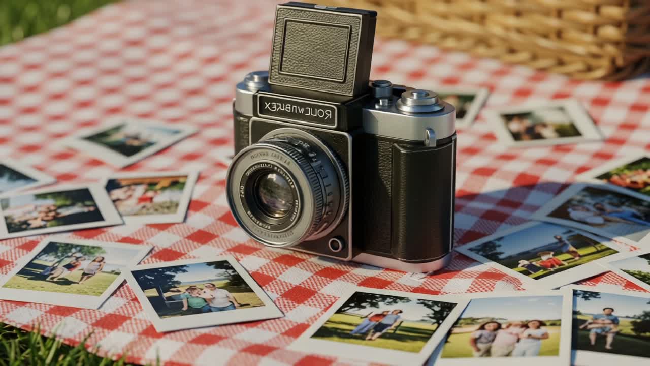 A Vintage Camera Capturing Memories Surrounded by Polaroid Photos on a Red Checkered Blanket in a Sunlit Outdoor Setting