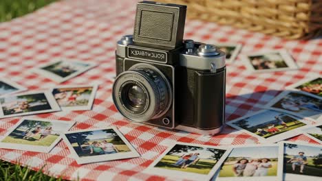a vintage camera capturing memories surrounded by polaroid photos on a red checkered blanket in a sunlit outdoor setting