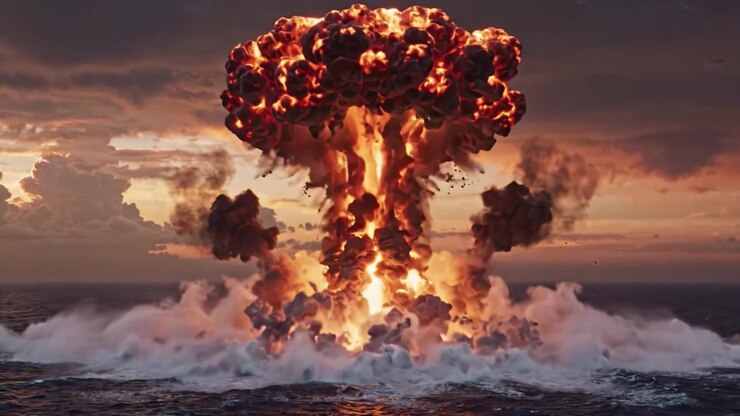 Dramatic Eruption: A Stunning Visual of a Cataclysmic Explosion at Sea Captured in Two Frames, Showcasing the Power of Nature and Human Impact on the Environment