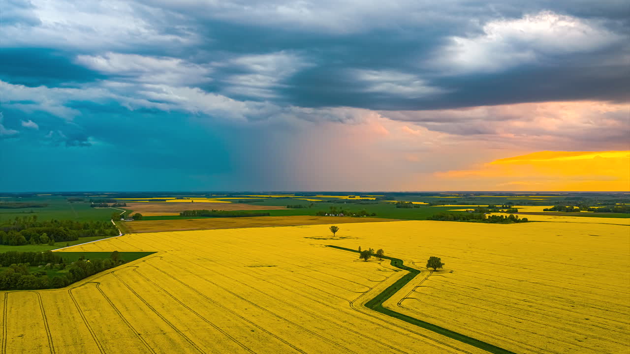 Sunset with a colorful cloudscape sky over yellow fields of rapeseed crops in Latvia - aerial time lapse