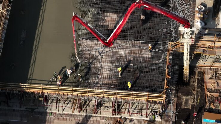 Workers And Boom Arm During Concrete Pouring Activity At Construction Site