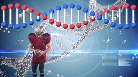 animation of dna strand spinning and data processing over american football player