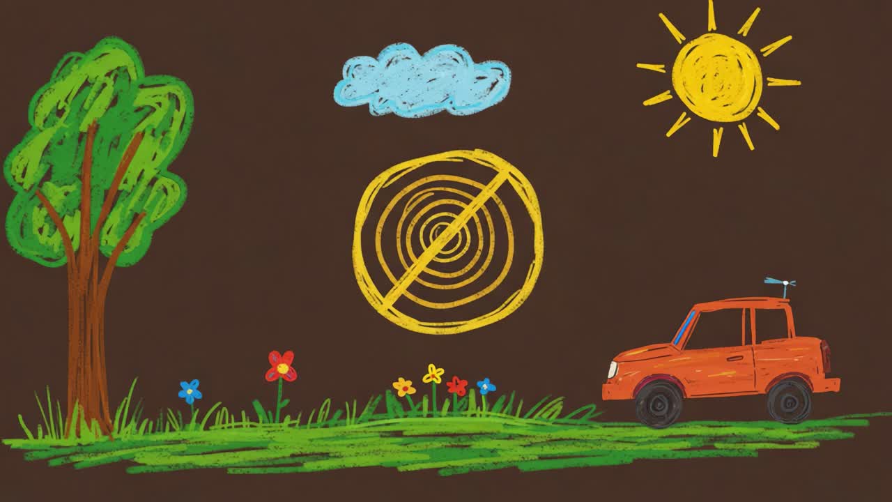 A Charming Illustration of a Vibrant Landscape Featuring a Playful Orange Car, Colorful Flowers, Lush Greenery, and a Bright Sun in a Whimsical Drawing Style