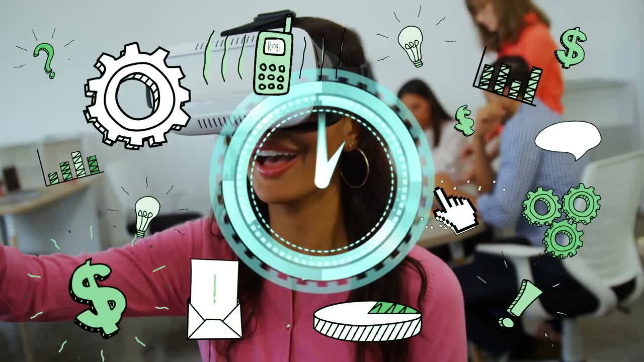 animación de iconos con reloj moviéndose rápido sobre mujer de negocios usando auriculares vr