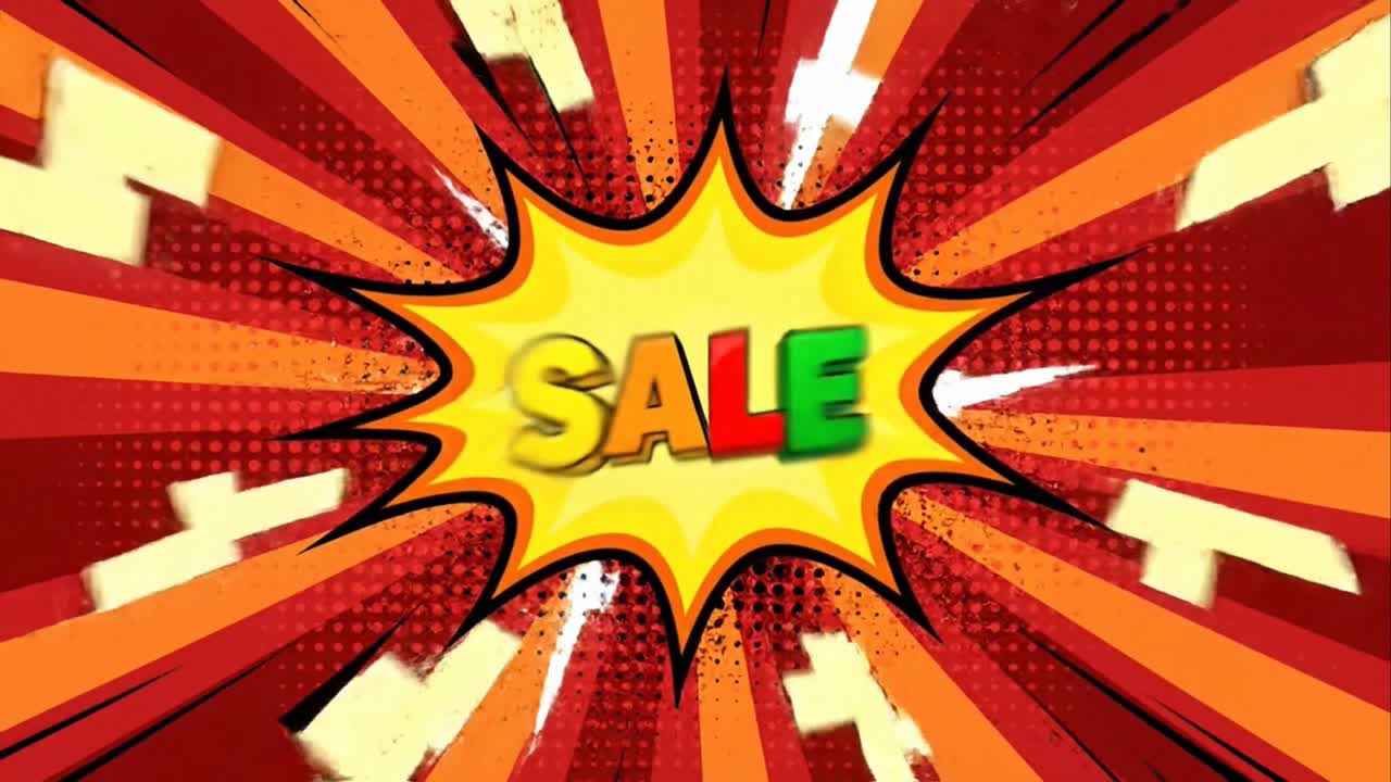 A bright and colorful comic book style "SALE" word explosion background