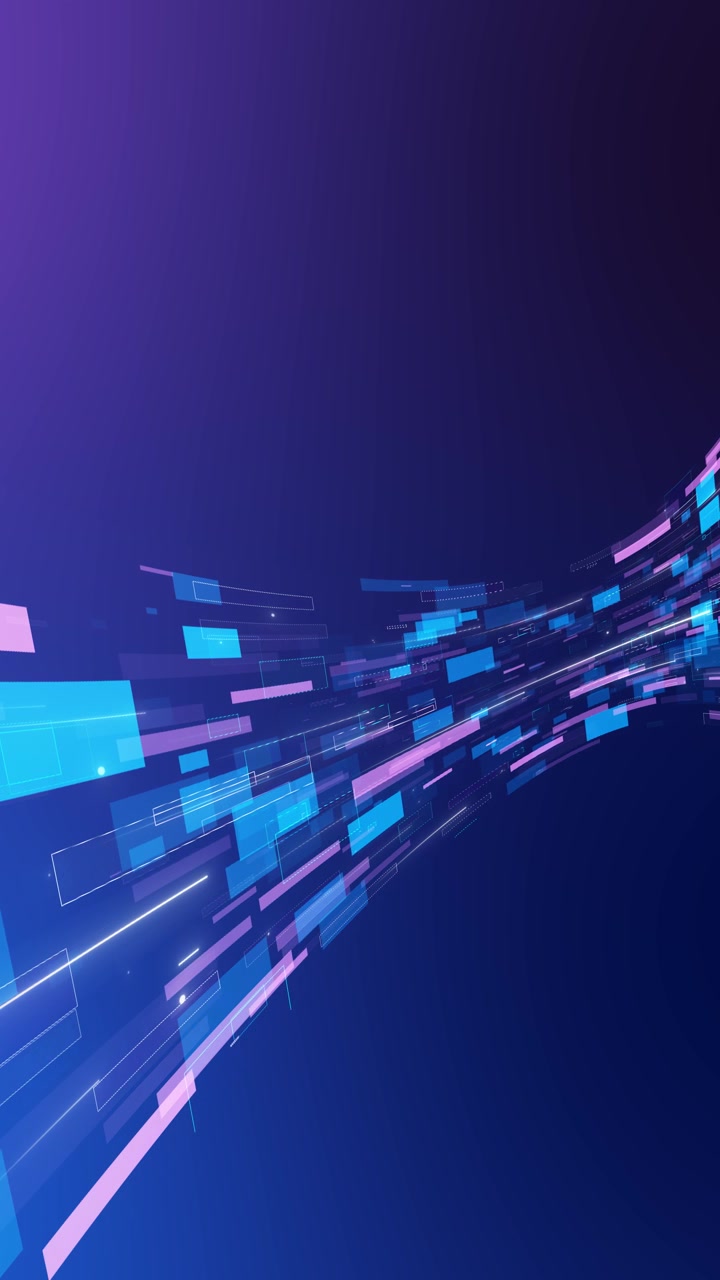 Neon tech panels background purple and cyan blocks fast light trails wide curved perspective